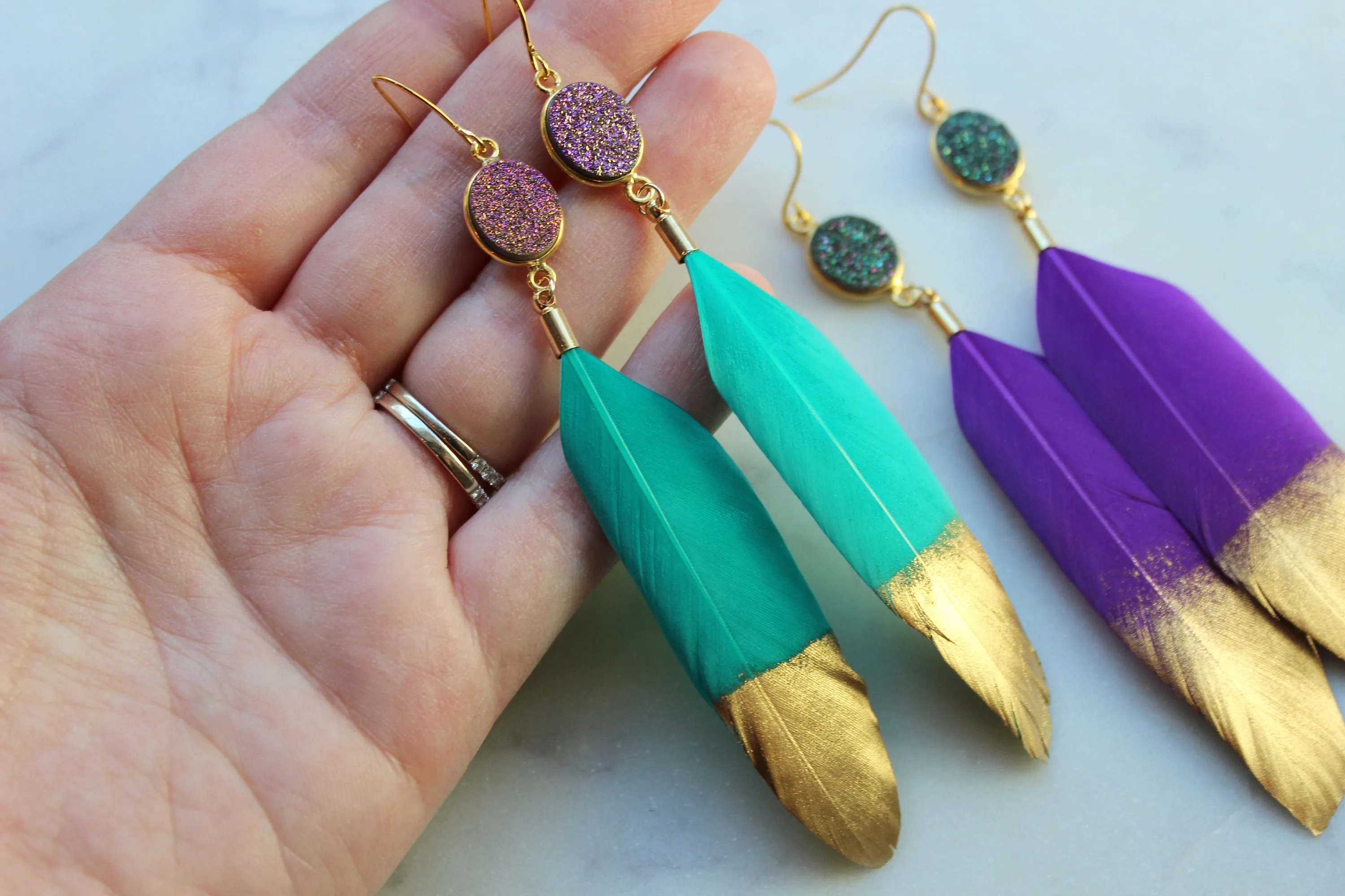 Mardi Gras Earrings, Mardi Gras Jewelry, Gold Dipped Feather Earrings, Gold Druzy Earrings, Feather Jewelry, Bold Statement Earrings