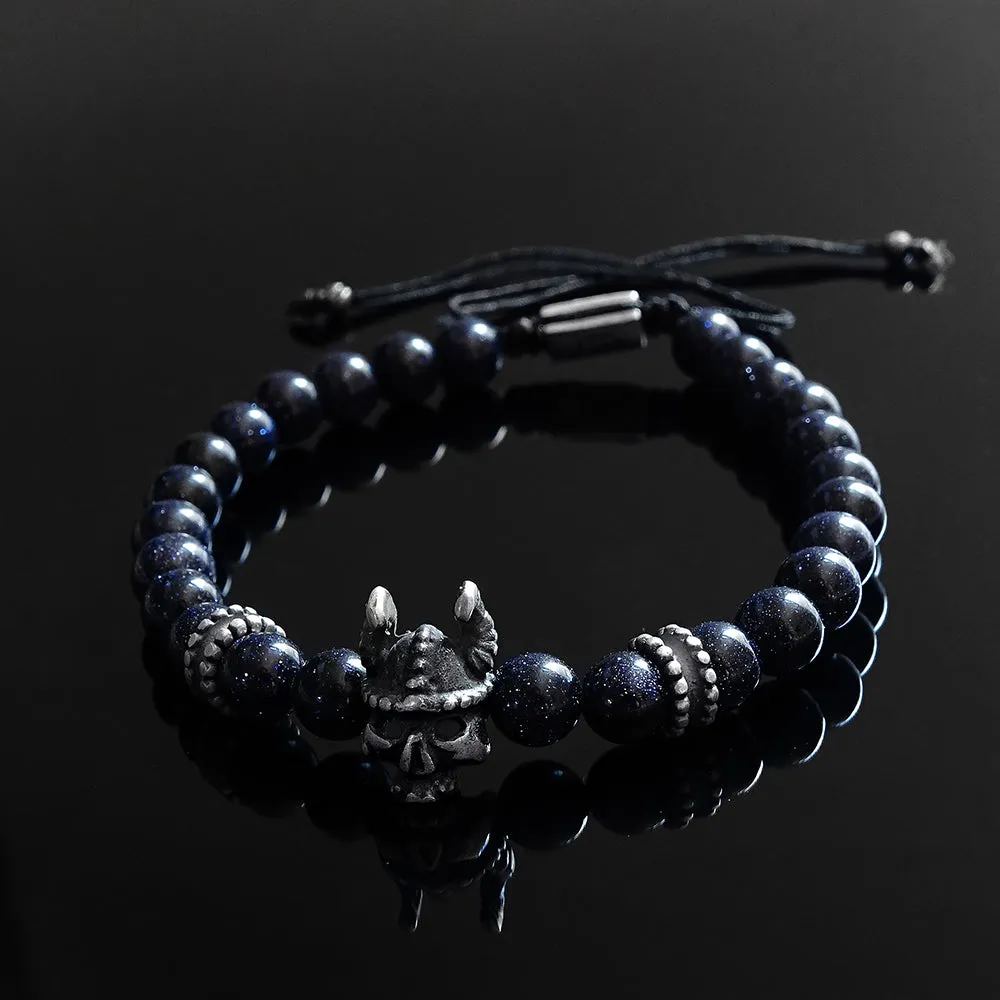 Men's Beaded Wristband Blue Sandstone with Silver Skull Bracelet Set Gift for Man