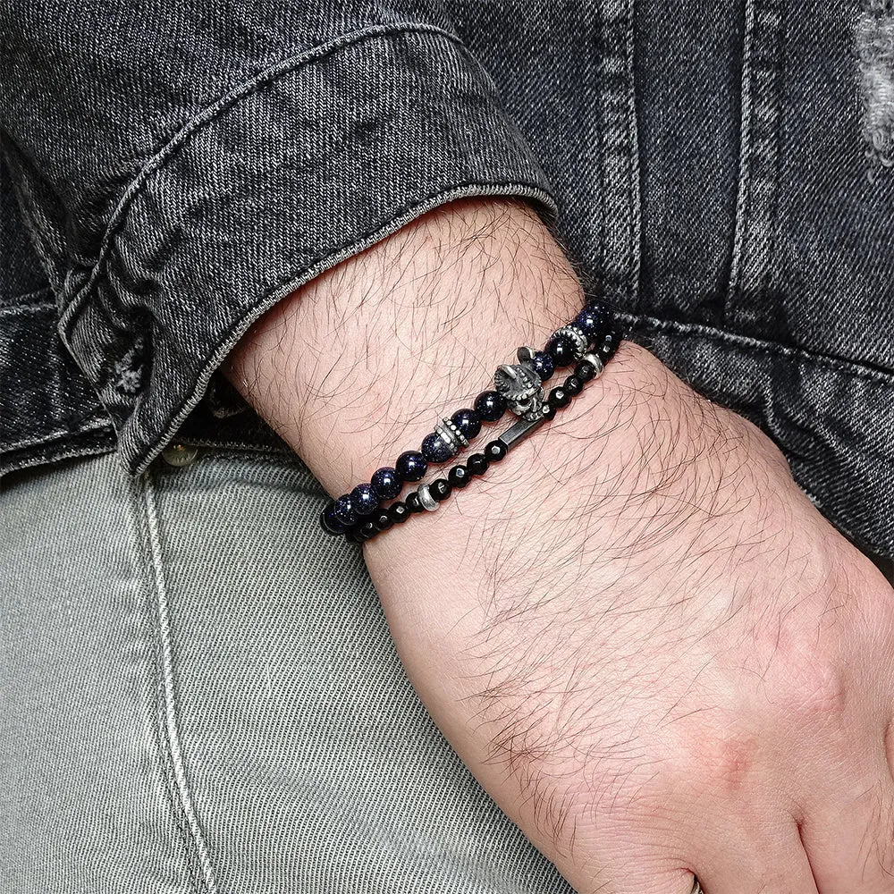 Men's Beaded Wristband Blue Sandstone with Silver Skull Bracelet Set Gift for Man