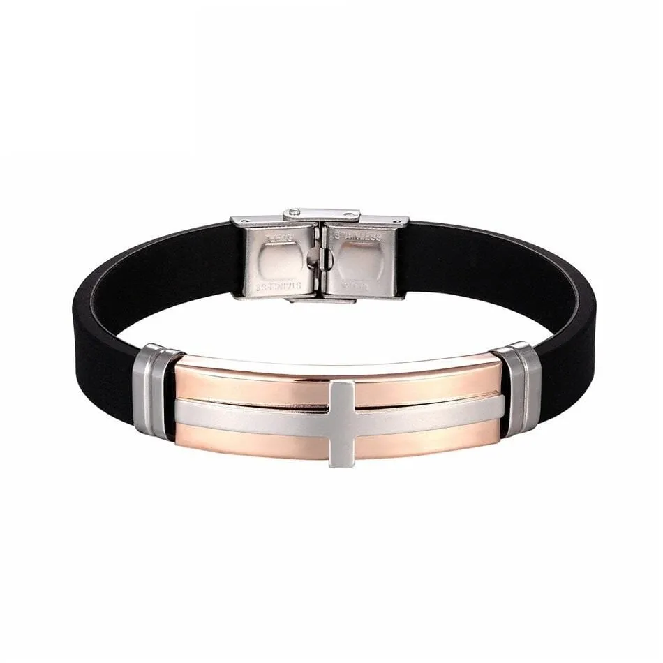 Men's Cross Bracelet<br> Silicone Rose Gold