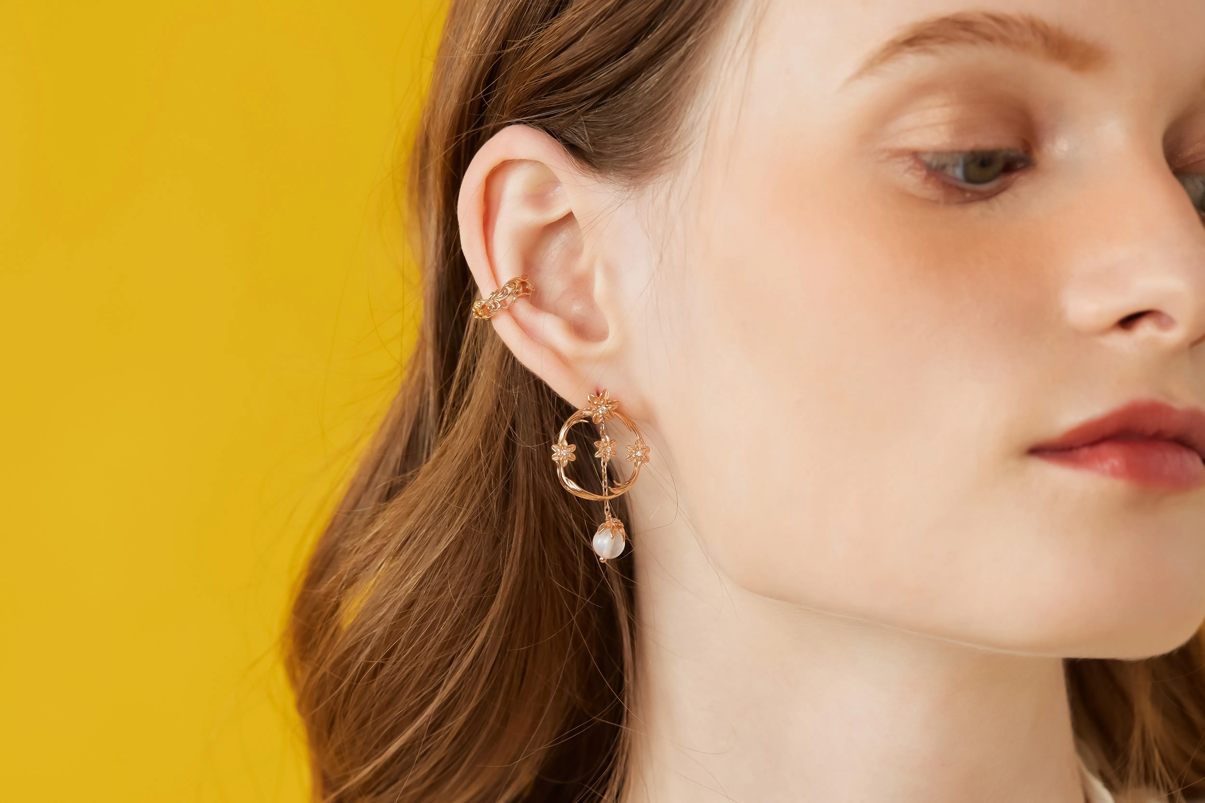 Moonstone Gold Asymmetrical Floral Earrings - Daffodil