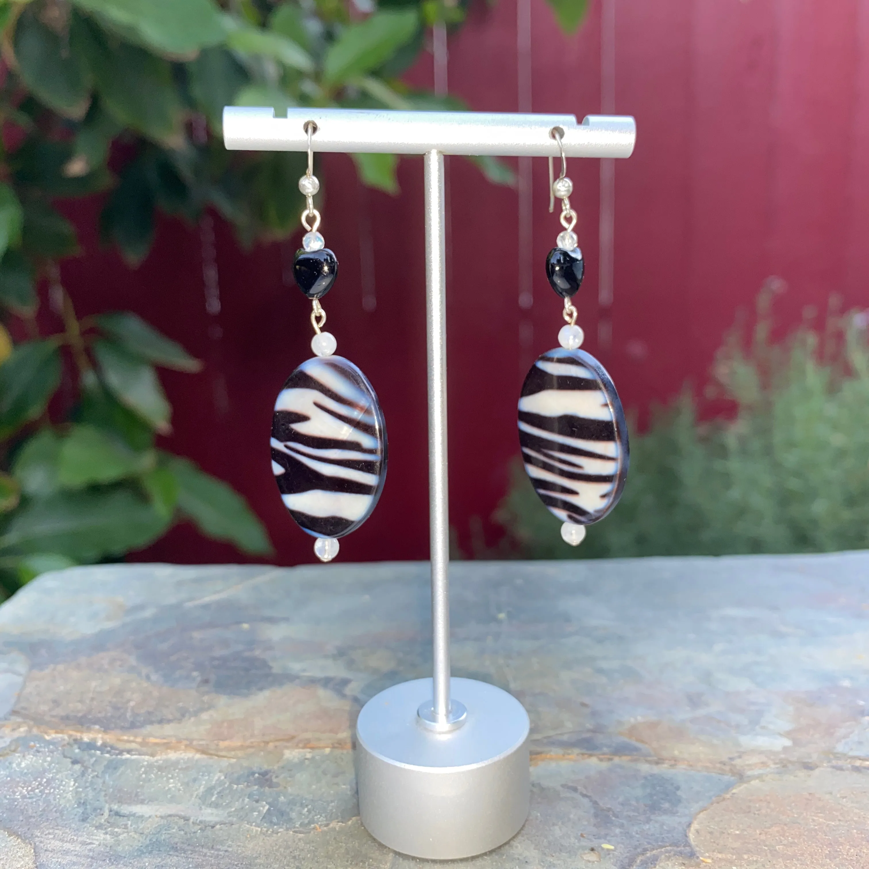 Mother of Pearl Zebra Print and Onyx, Moonstone Gemstone Earrings