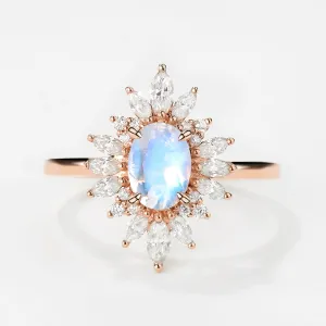 Oval Moonstone Flower Inspired Halo Ring