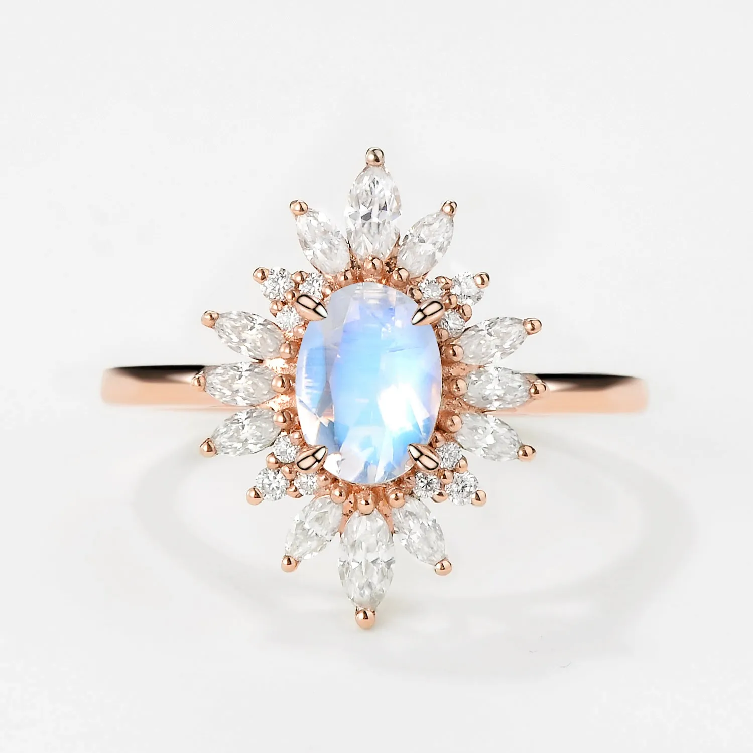 Oval Moonstone Flower Inspired Halo Ring