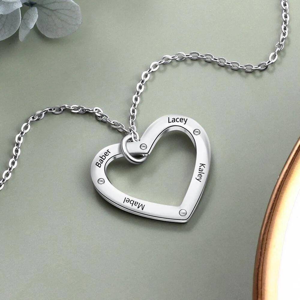 Personalized Silver 4 Name Necklace With Heart Shape Love Pendant, Trendy Jewelry For Women