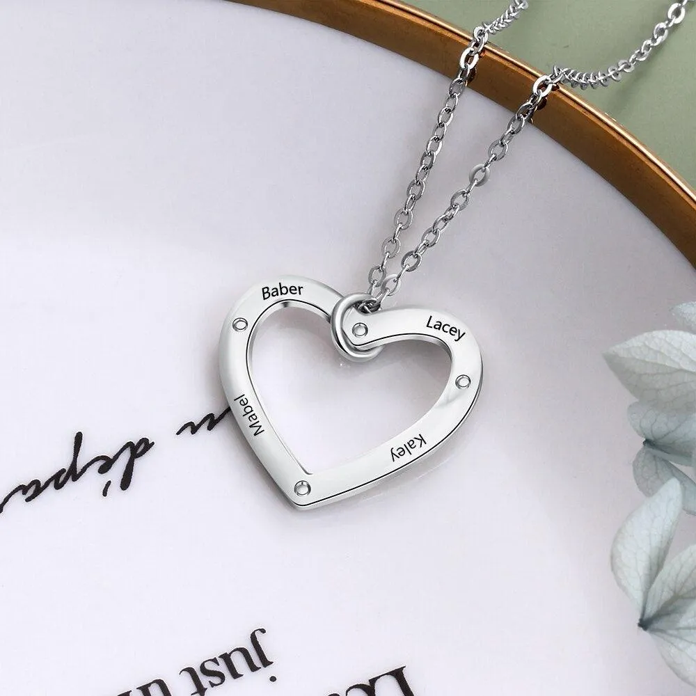 Personalized Silver 4 Name Necklace With Heart Shape Love Pendant, Trendy Jewelry For Women