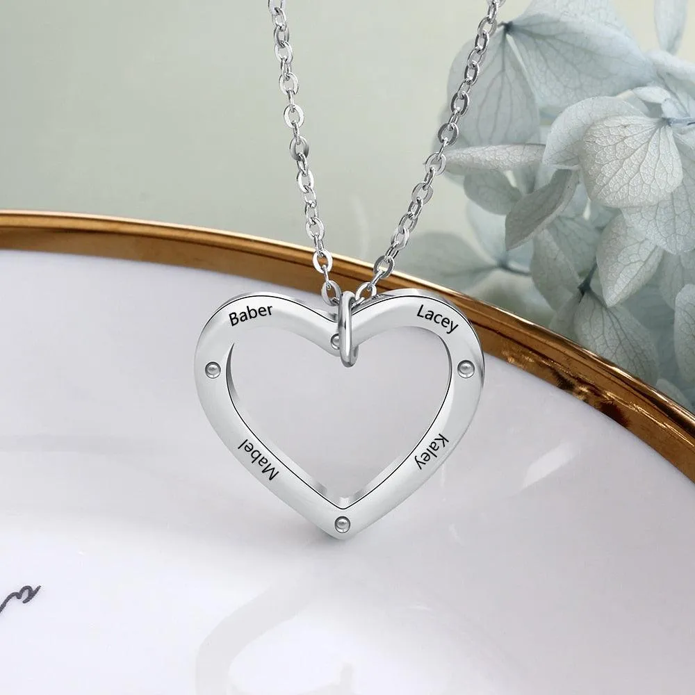 Personalized Silver 4 Name Necklace With Heart Shape Love Pendant, Trendy Jewelry For Women