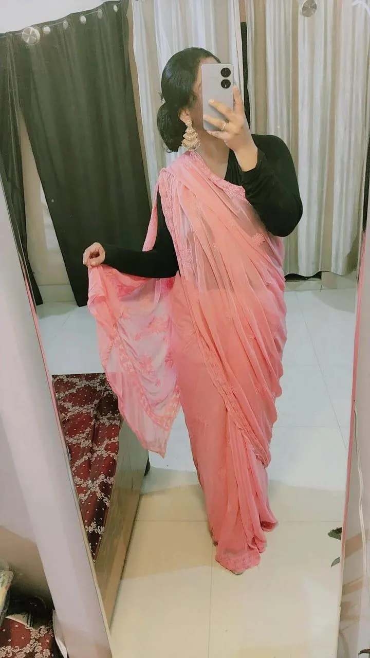 Pink Elegant Chikankari Georgette Saree with Black Blouse Perfect for Bridesmaids