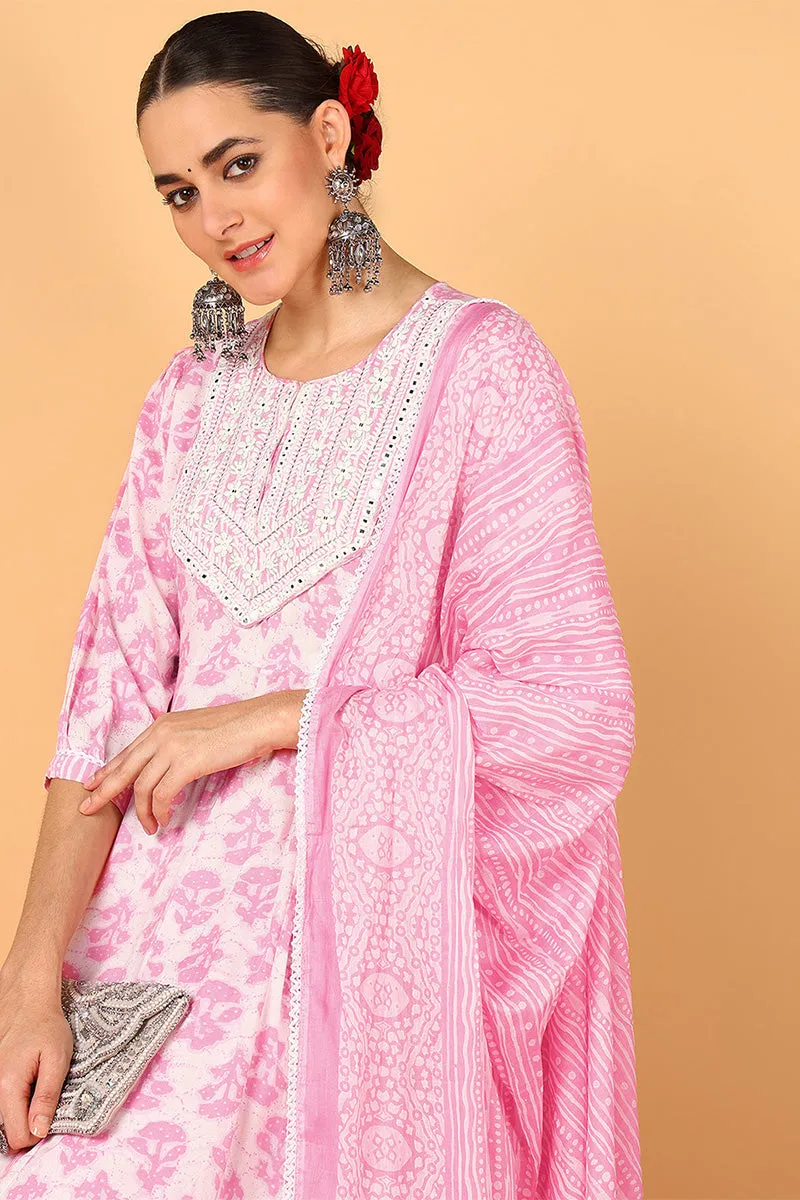 Plus Size Pink Viscose Rayon Ethnic Motifs Printed Flared Suit Set