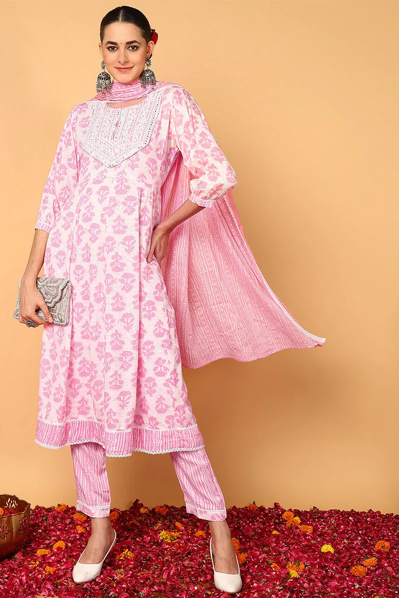 Plus Size Pink Viscose Rayon Ethnic Motifs Printed Flared Suit Set