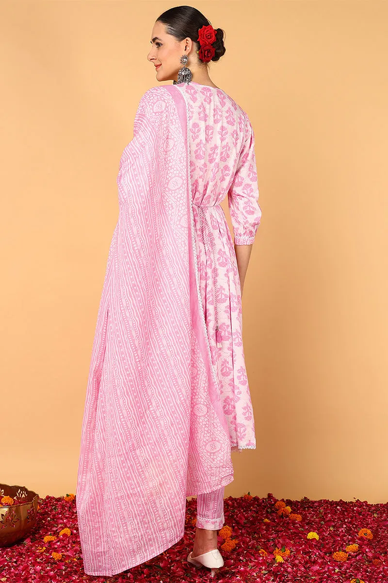 Plus Size Pink Viscose Rayon Ethnic Motifs Printed Flared Suit Set