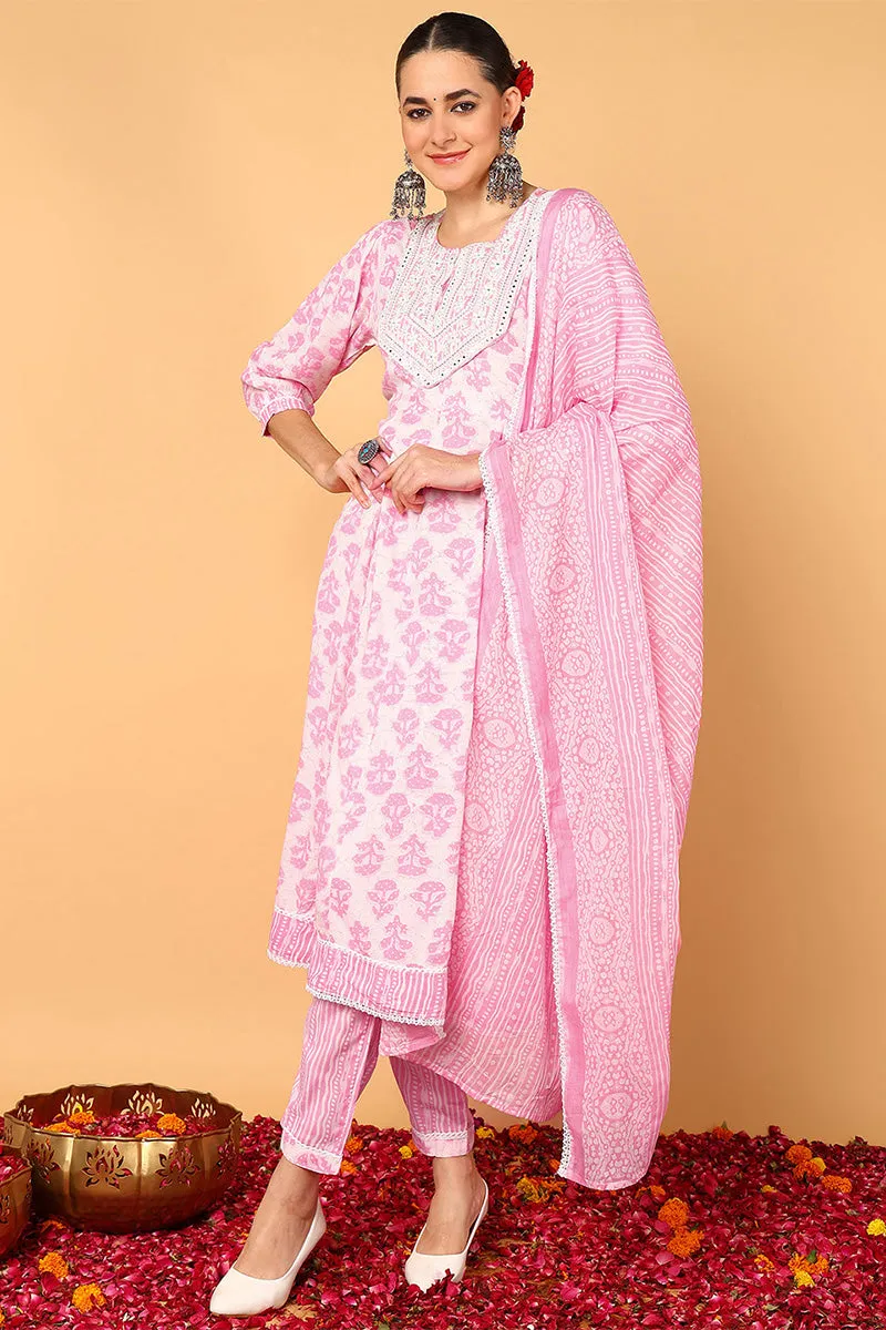 Plus Size Pink Viscose Rayon Ethnic Motifs Printed Flared Suit Set