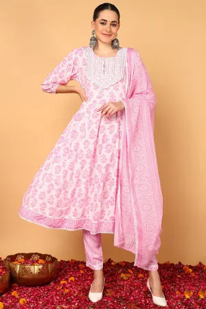 Plus Size Pink Viscose Rayon Ethnic Motifs Printed Flared Suit Set