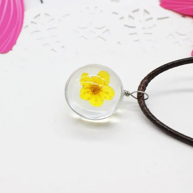 Real Dried Dandelion Pendant Necklace Glass Ball Plant flower Crystal feather Long Strip Leather rope Chain Gift Collier Femme