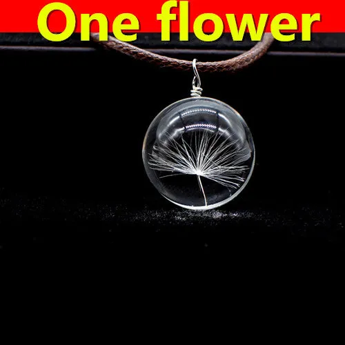 Real Dried Dandelion Pendant Necklace Glass Ball Plant flower Crystal feather Long Strip Leather rope Chain Gift Collier Femme