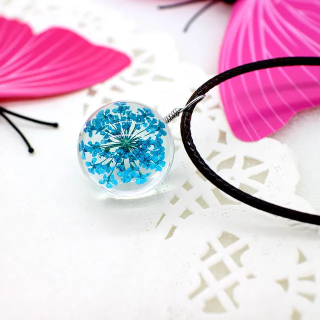 Real Dried Dandelion Pendant Necklace Glass Ball Plant flower Crystal feather Long Strip Leather rope Chain Gift Collier Femme