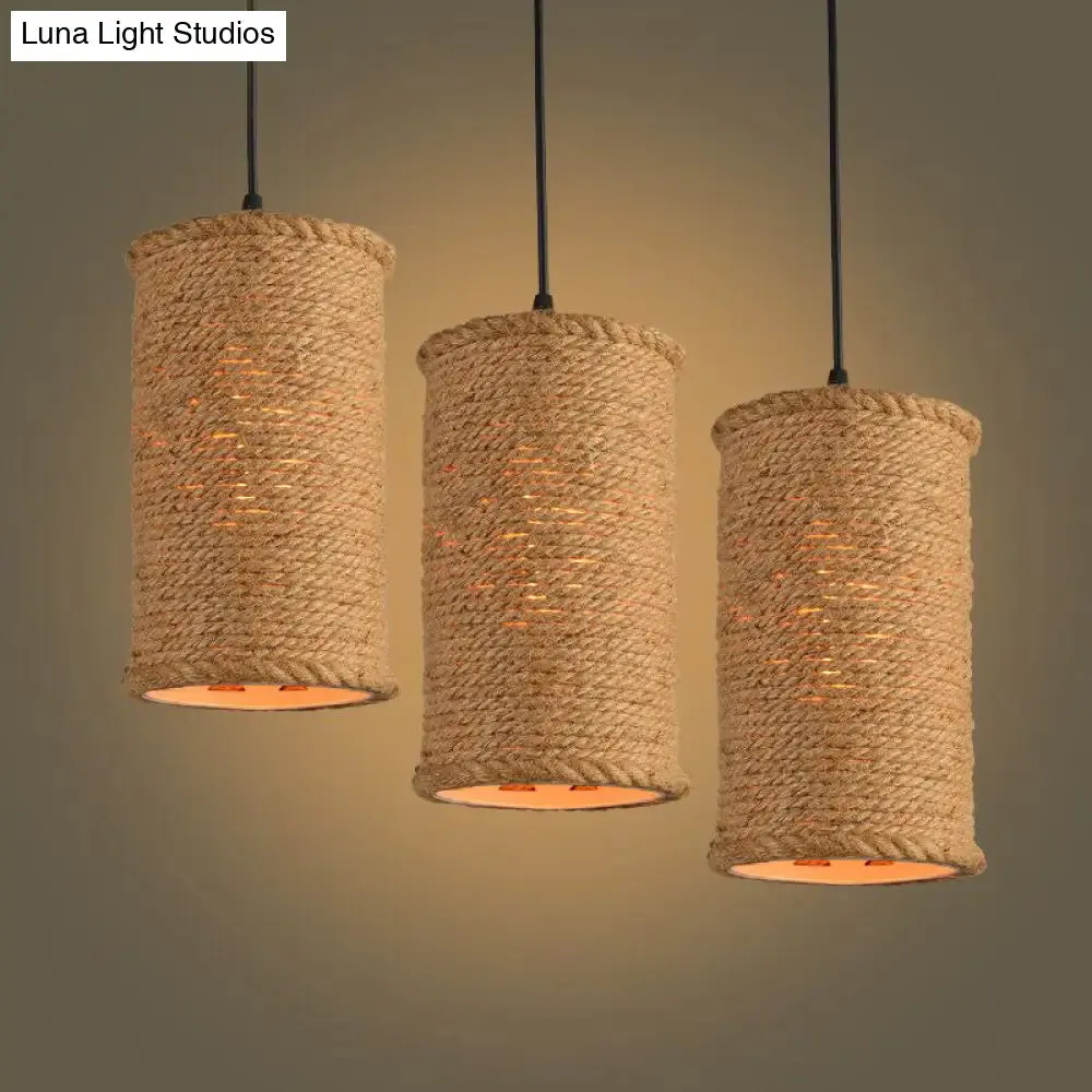 Rustic Beige Pendant Lights for Restaurant: Vintage Rope Cylinder Design