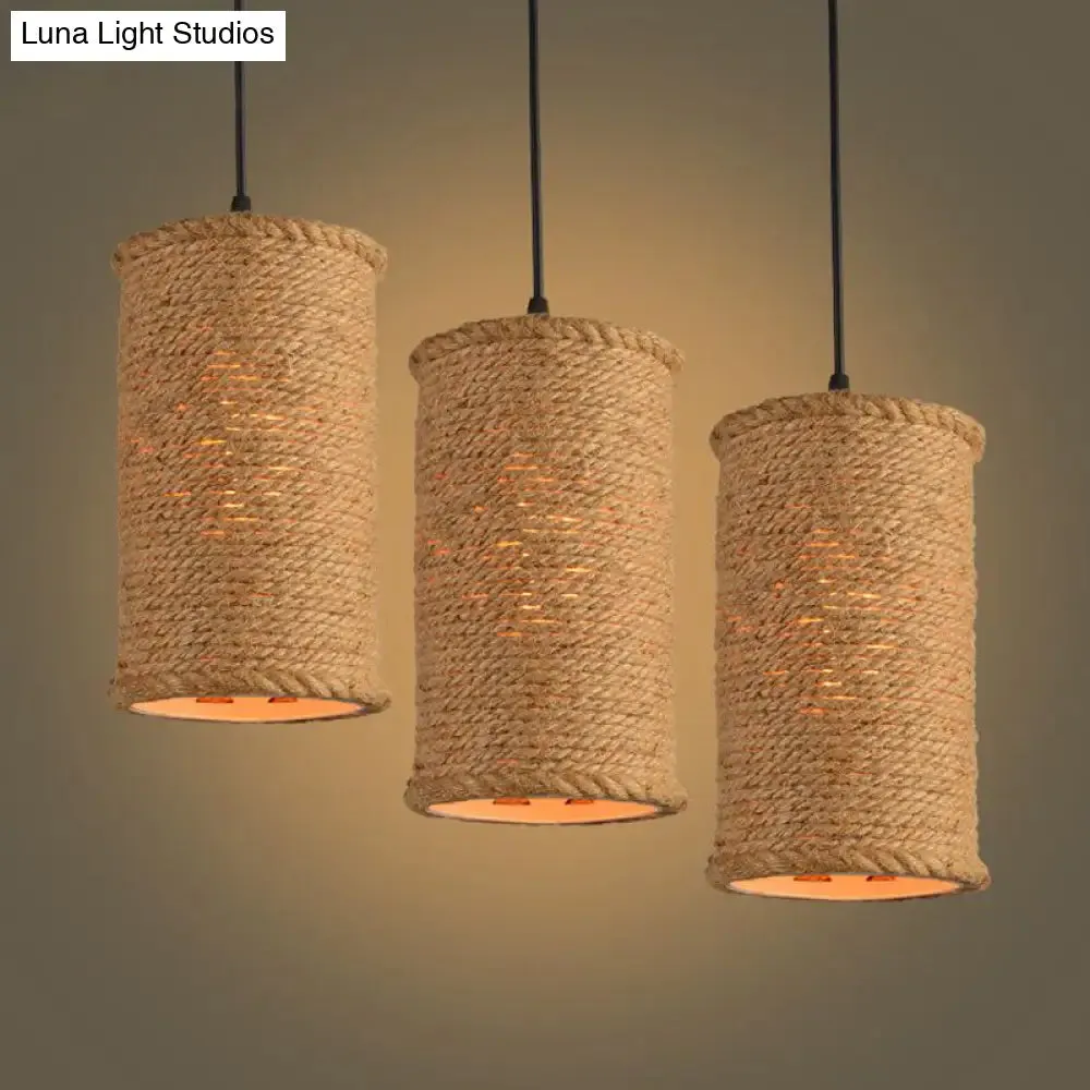 Rustic Beige Pendant Lights for Restaurant: Vintage Rope Cylinder Design