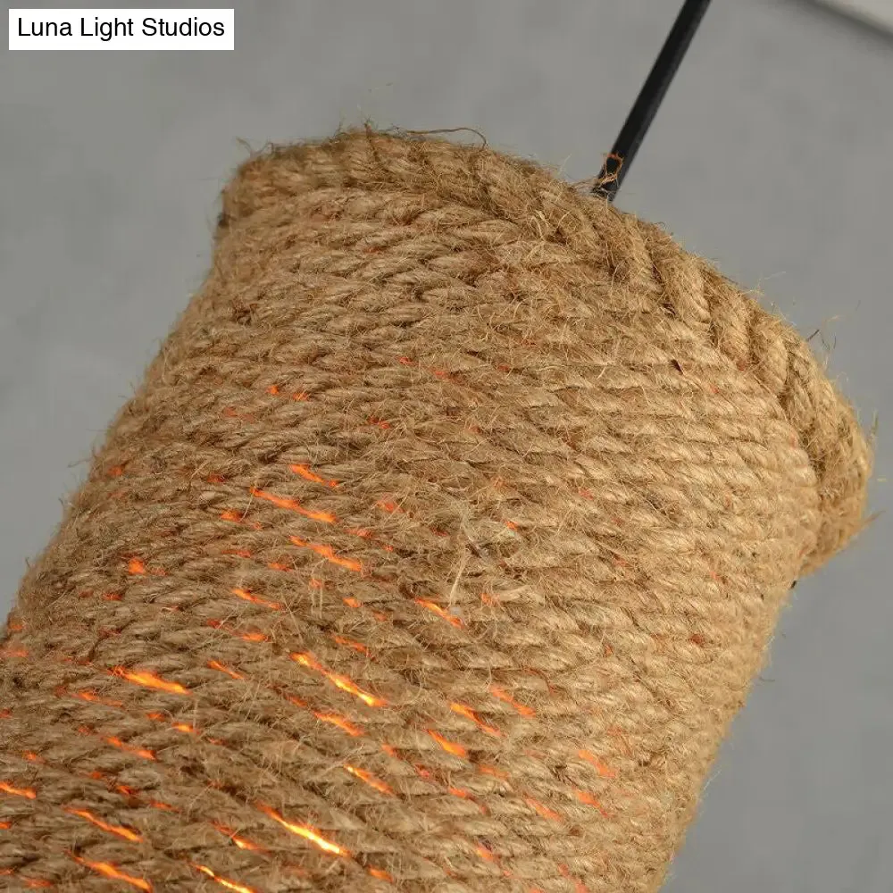 Rustic Beige Pendant Lights for Restaurant: Vintage Rope Cylinder Design