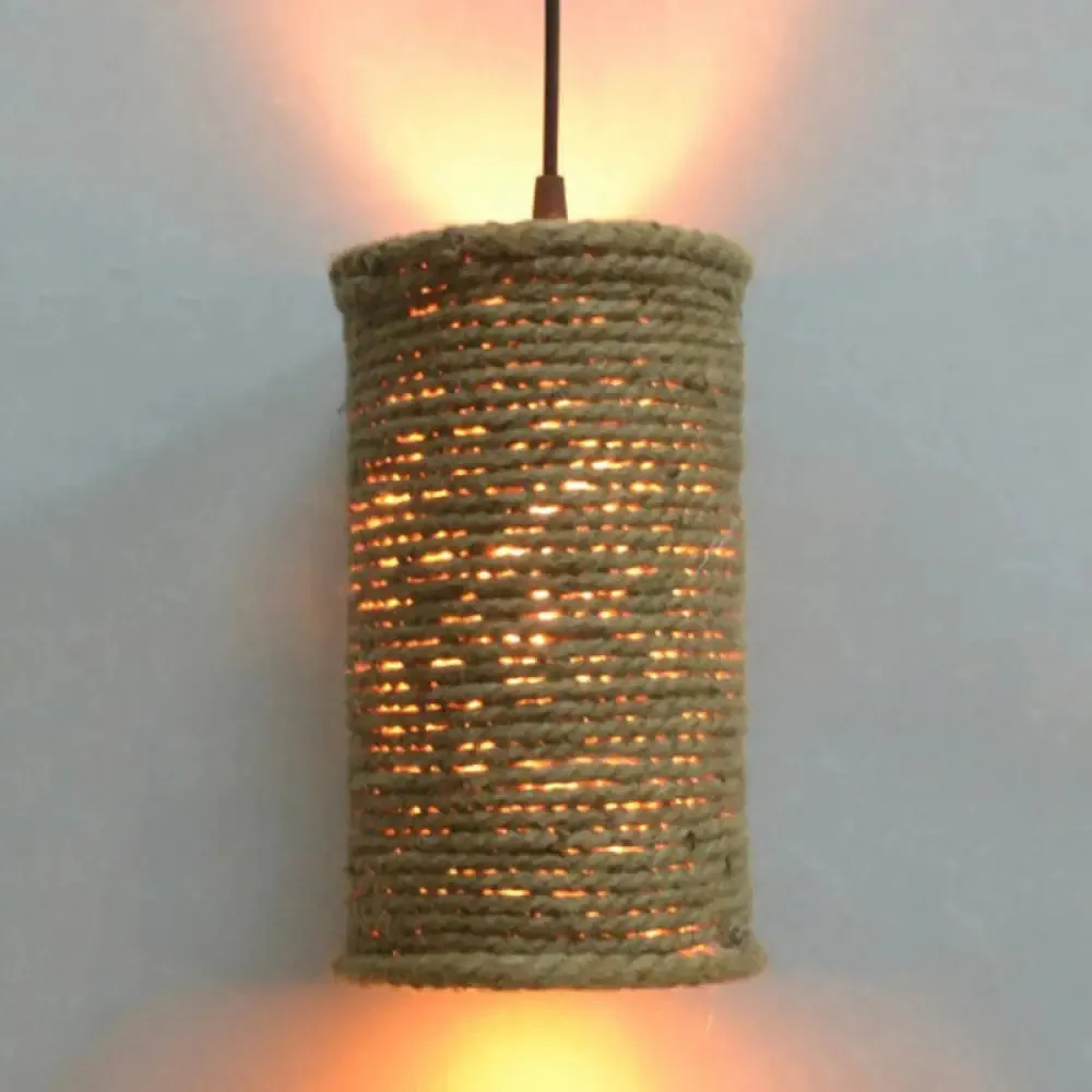 Rustic Beige Pendant Lights for Restaurant: Vintage Rope Cylinder Design