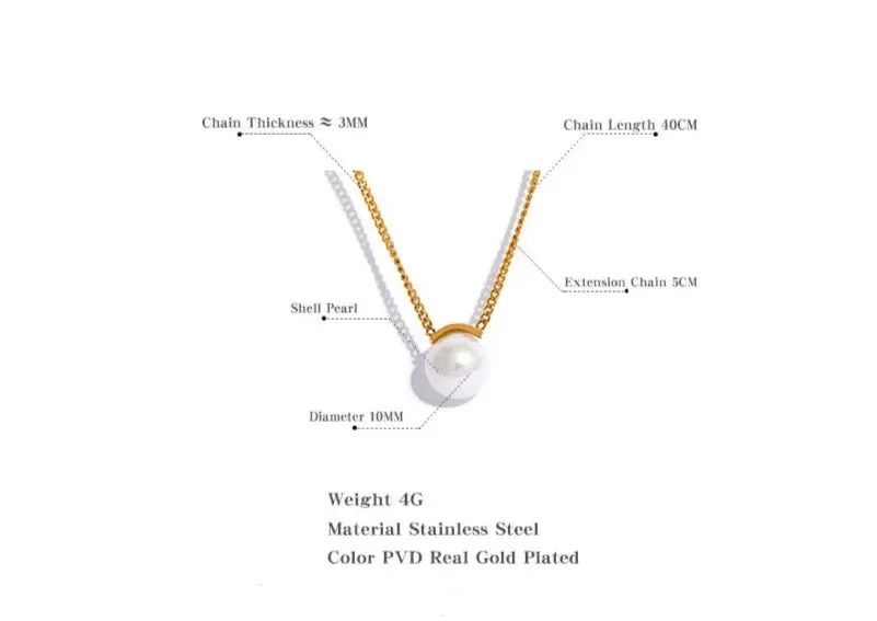 Shell Pearl 10mm Ball Pendant Stainless Steel Link Chain Necklace Gold Plated Ladies Trendy Fashion Jewelry