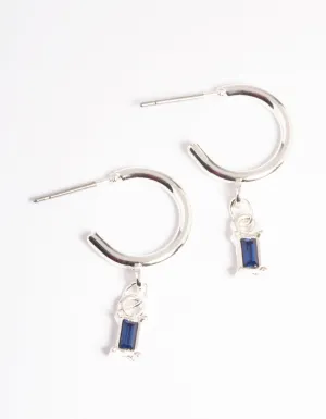 Silver Blue Stone Drop Huggie Earrings