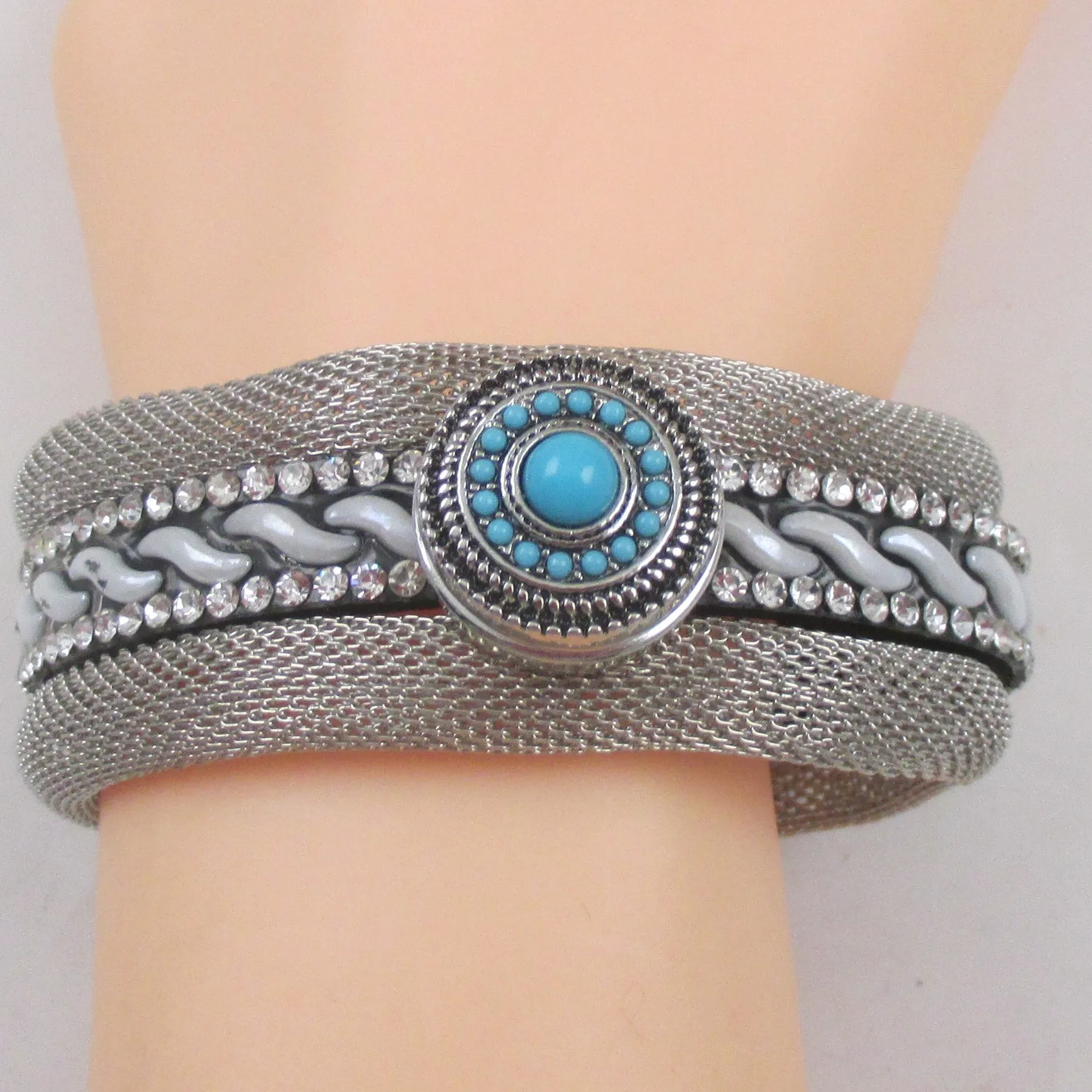 Silver Mesh Bracelet with Rhinestone & Turquoise Accent