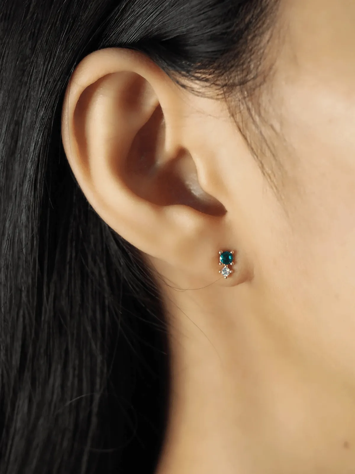 Small Emerald-Colored Glass Post Earring with Clear CZ