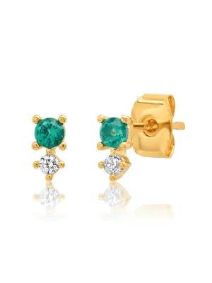 Small Emerald-Colored Glass Post Earring with Clear CZ