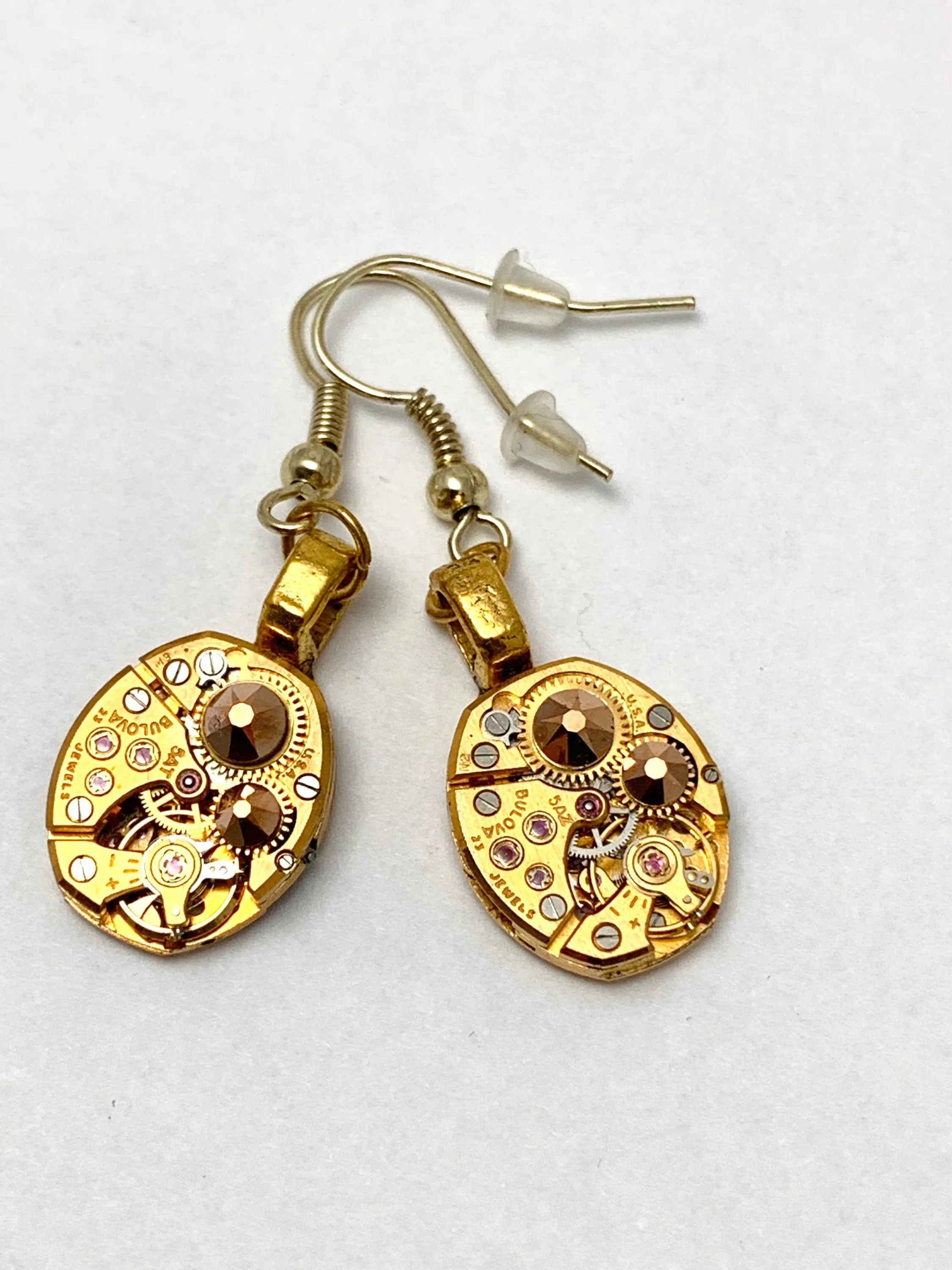 Steampunk ear gear - Bulova watch movement - Gold - Steampunk Earrings - Repurposed art