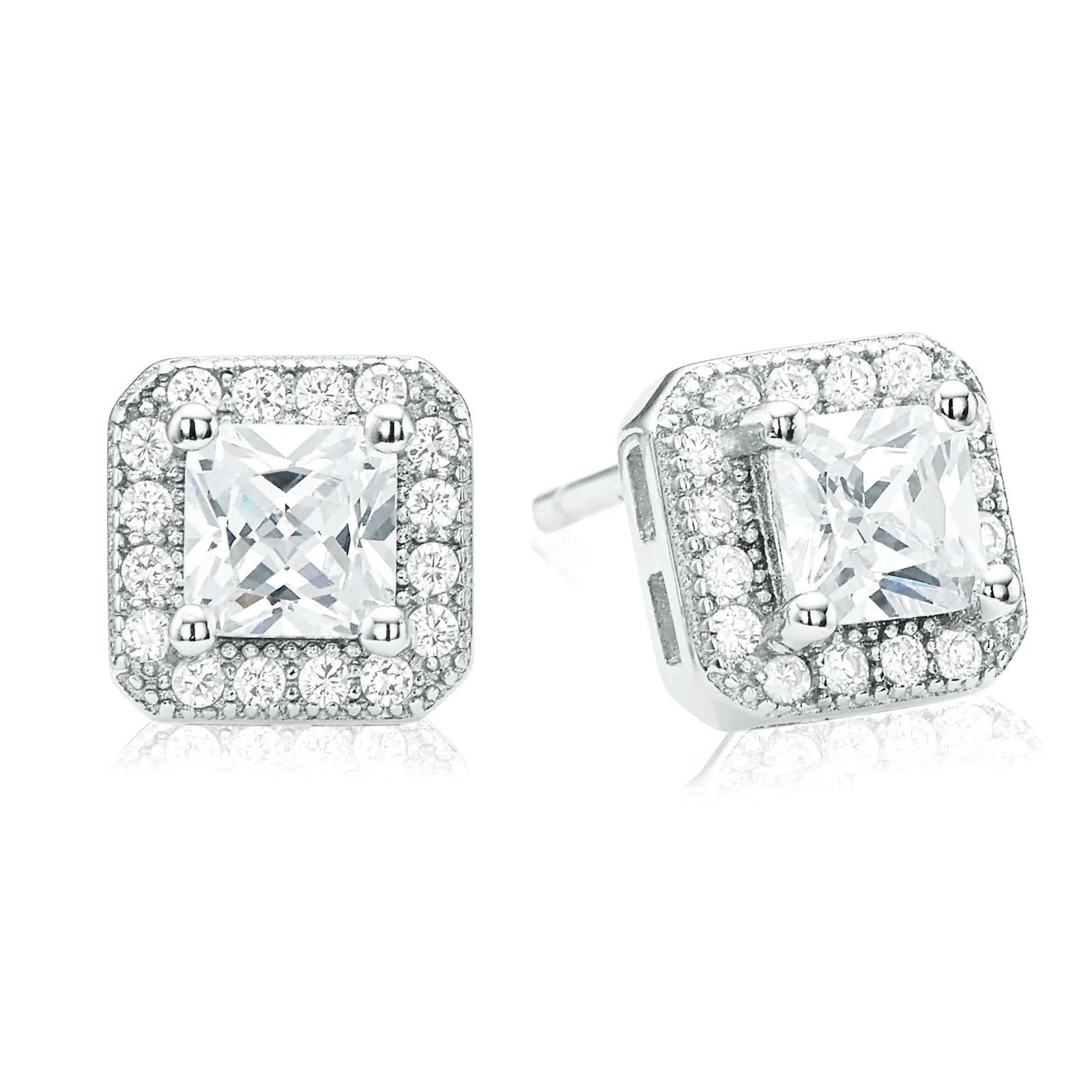 Sterling Silver Cubic Zirconia Halo Princess Cut  Stud Earrings