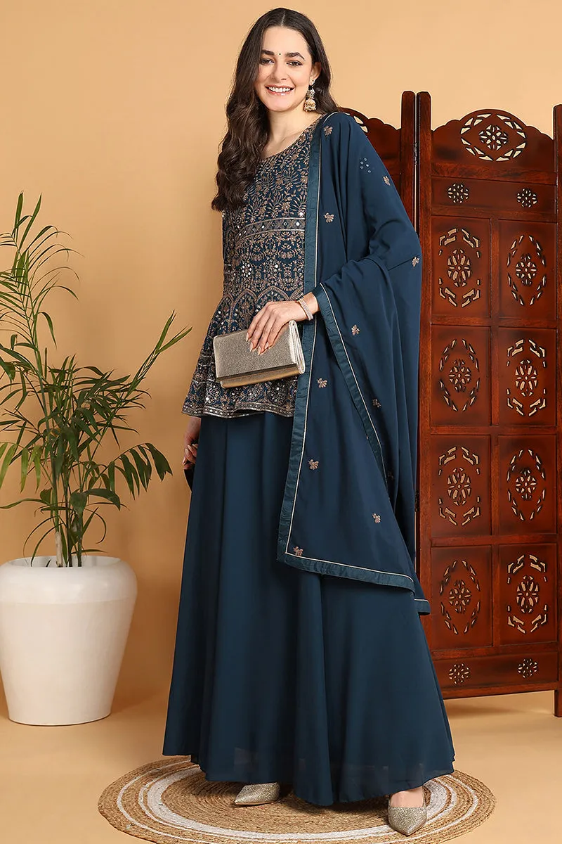 Teal Poly Georgette Ethnic Motifs Embroidered A Line Suit Set