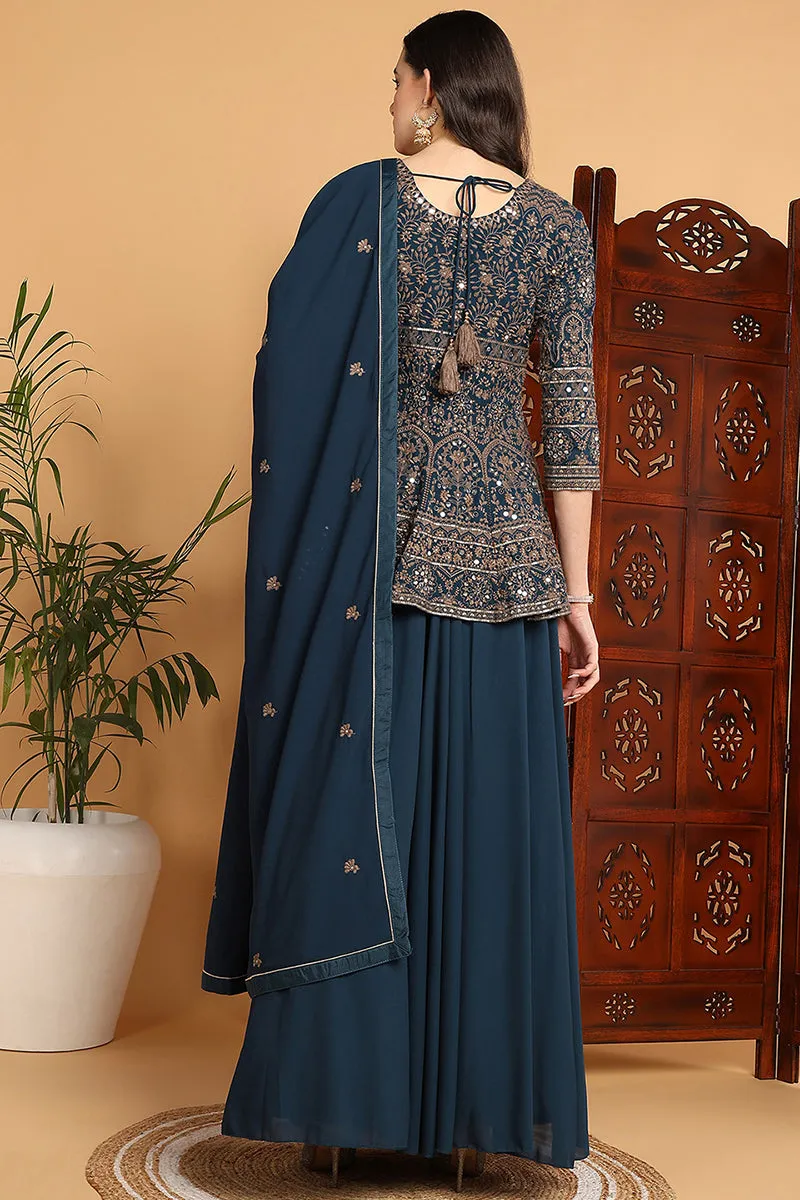 Teal Poly Georgette Ethnic Motifs Embroidered A Line Suit Set