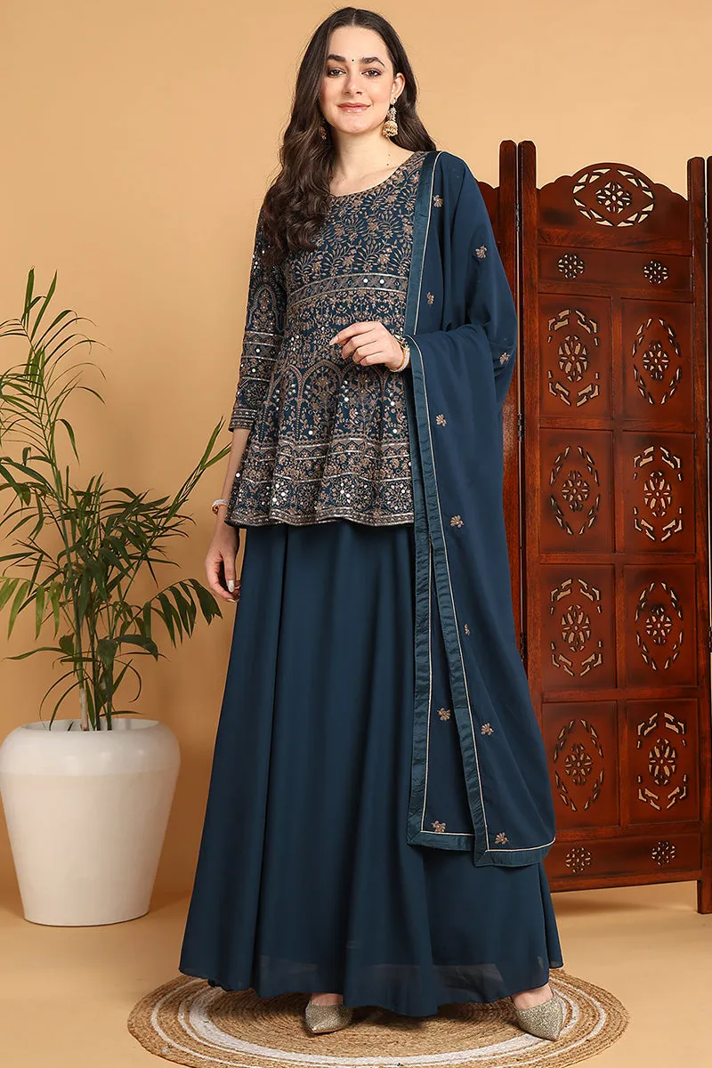 Teal Poly Georgette Ethnic Motifs Embroidered A Line Suit Set