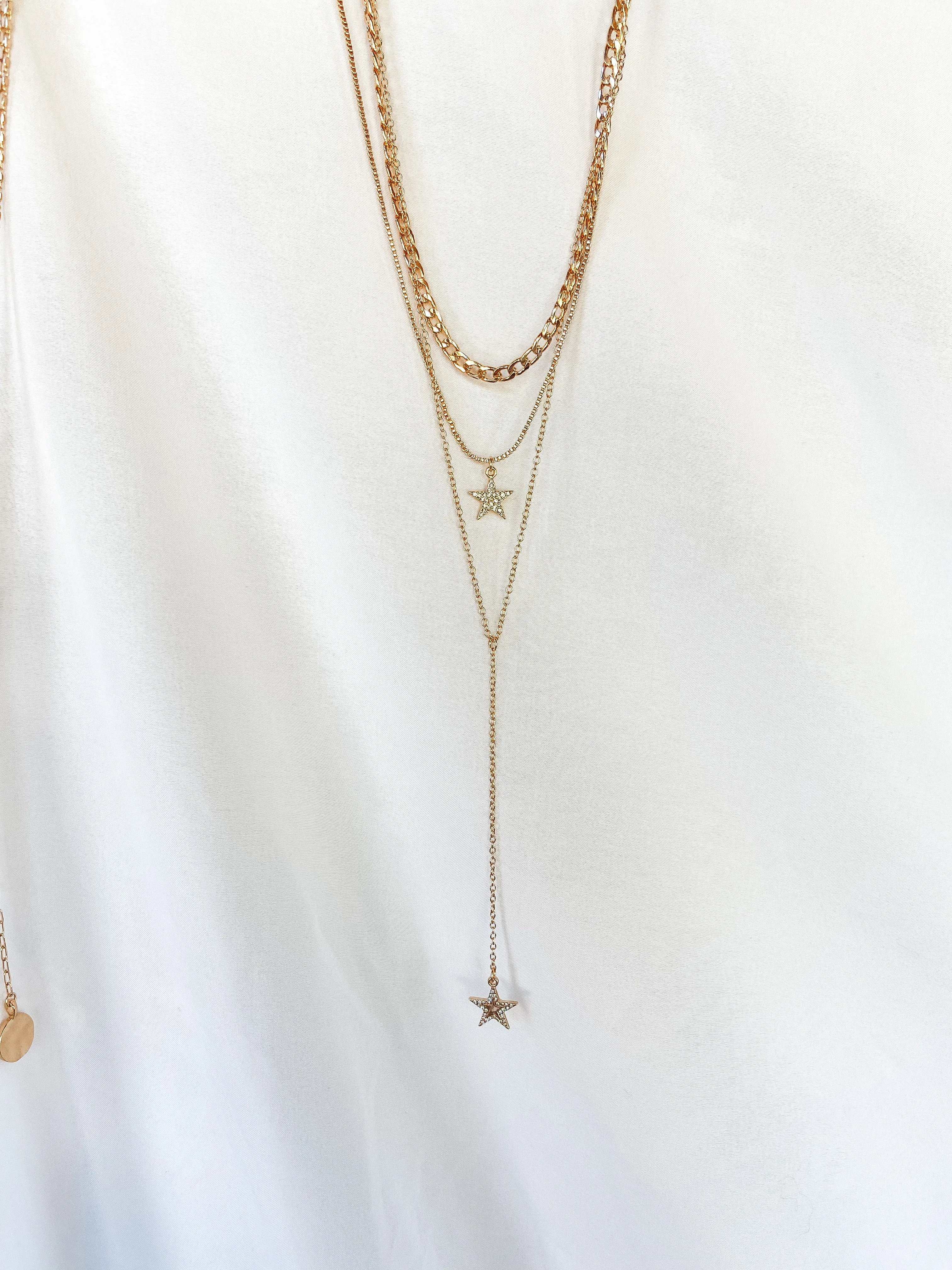 Three Strand Drop Chain Necklace with Crystal Star Pendants in Gold