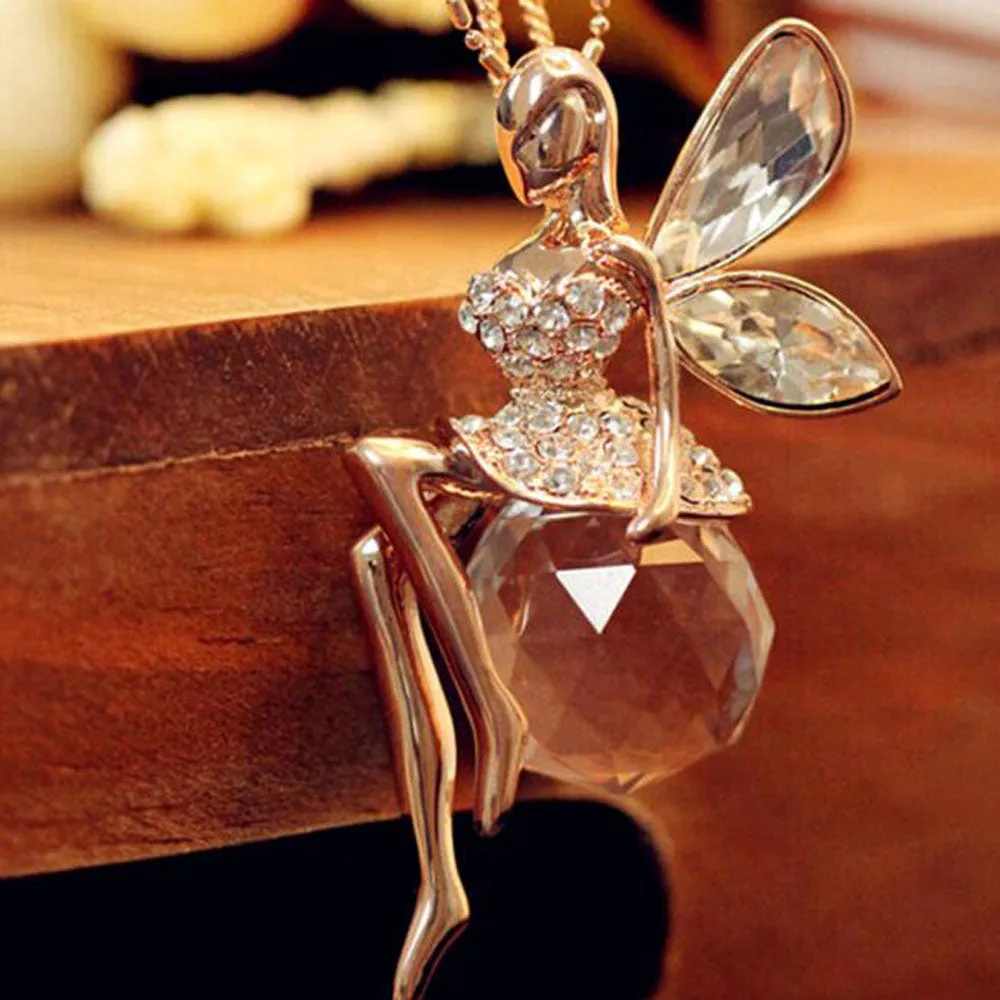 Tomtosh 2017 New Fashion Gold Crystal Angel Wings Long Chain Necklace/Ahiny Butterfly Fairy Necklace Jewelry Women