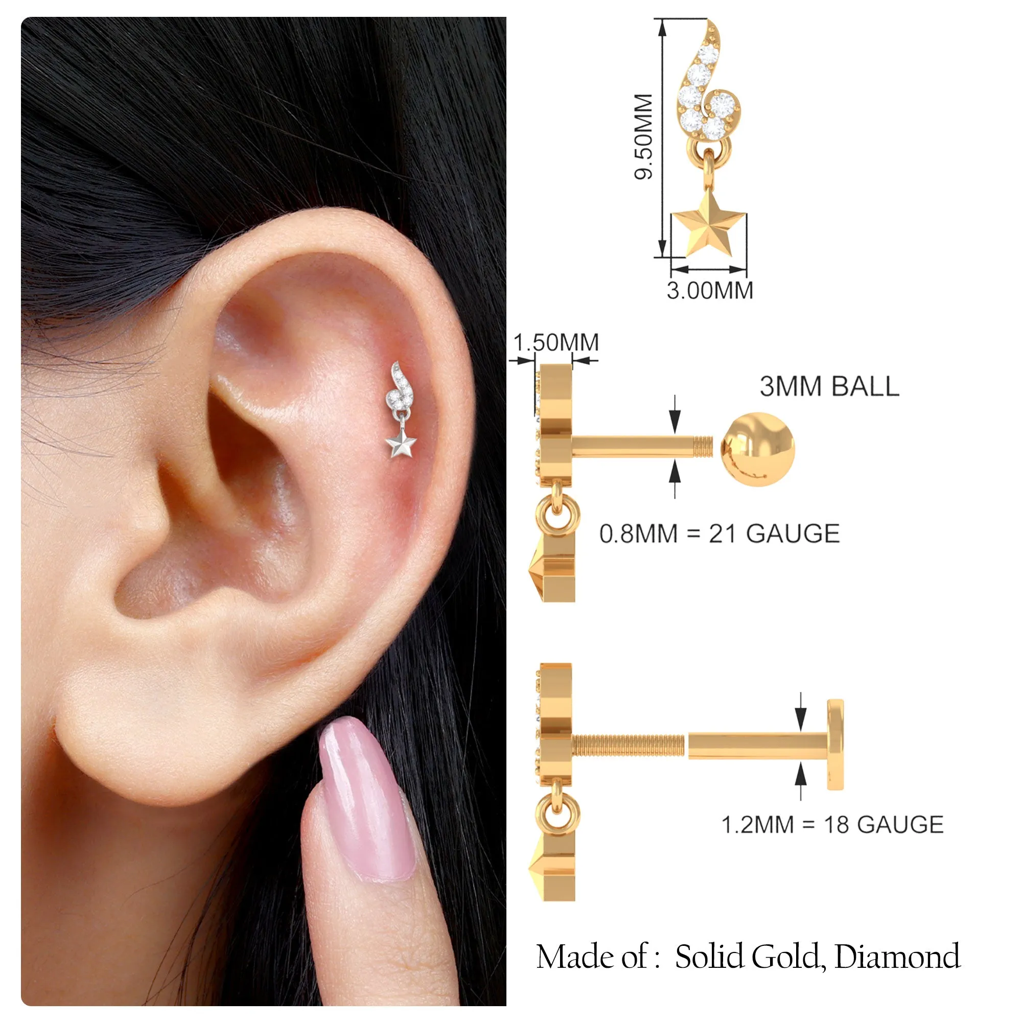 Unique Diamond Star Drop Earring for Helix Piercing