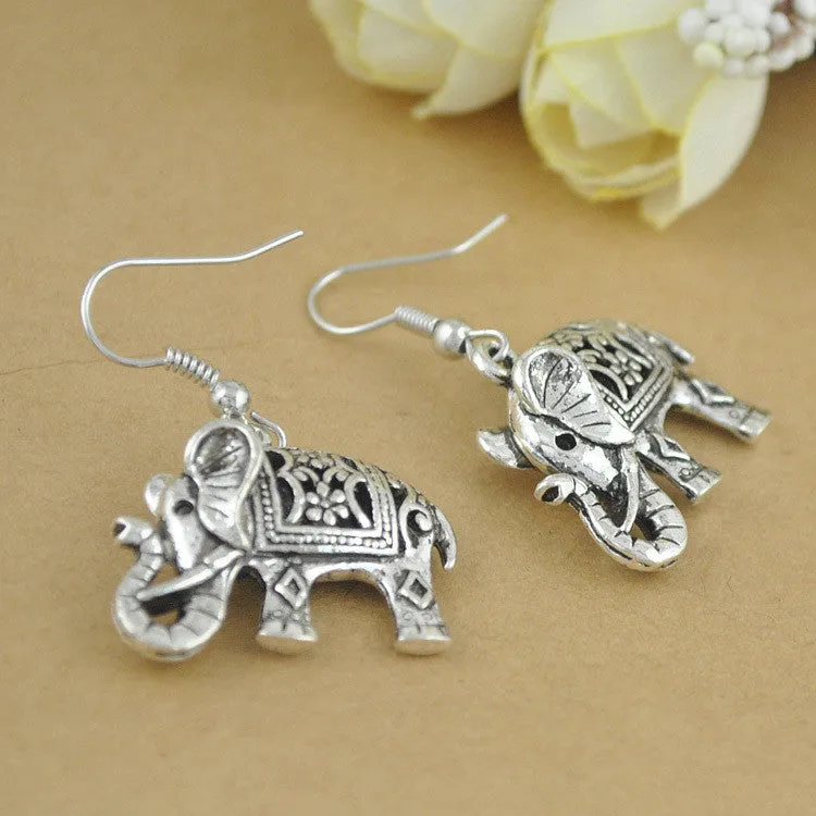 Unique Tibetan Silver Hollow Carved Elephant Drop Dangle Fashion Vintage Earrings For Women