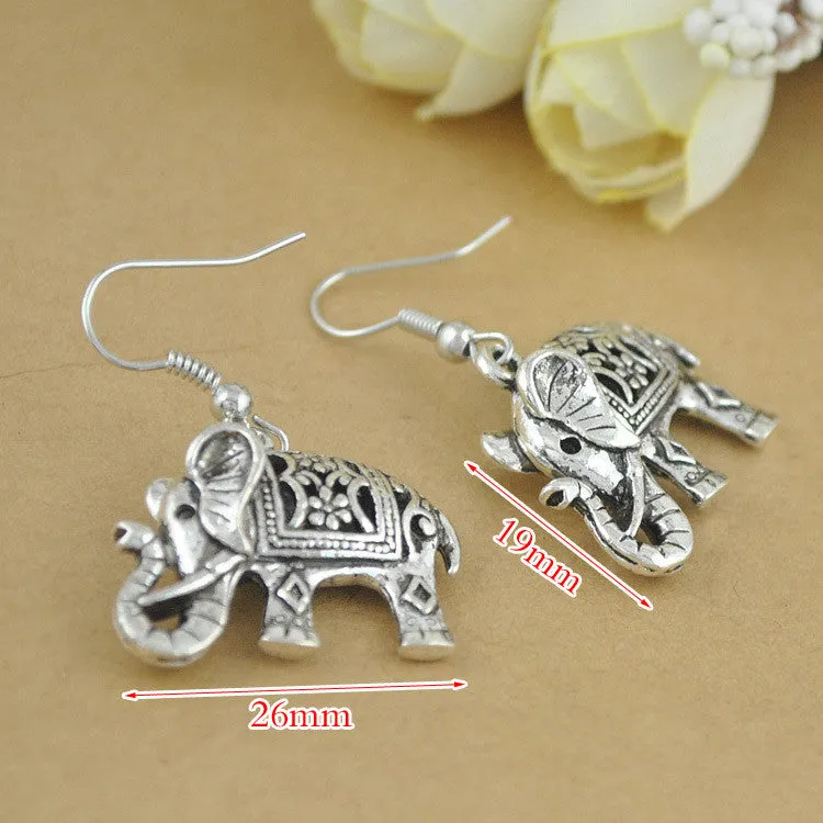 Unique Tibetan Silver Hollow Carved Elephant Drop Dangle Fashion Vintage Earrings For Women