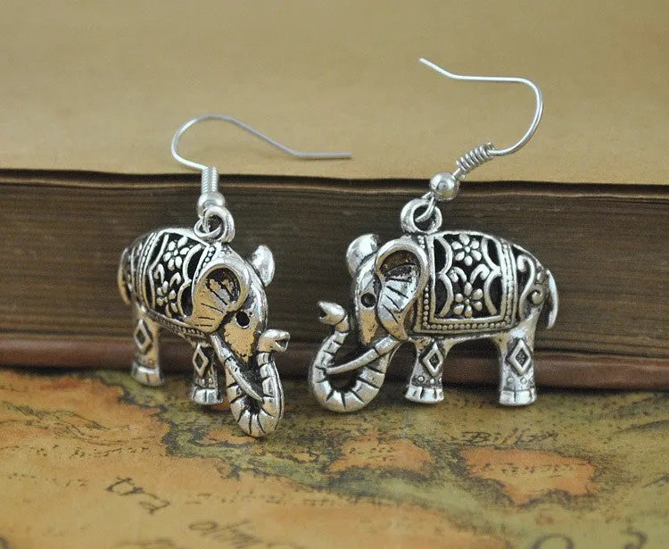 Unique Tibetan Silver Hollow Carved Elephant Drop Dangle Fashion Vintage Earrings For Women