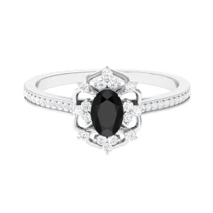 Vintage Inspired Black Onyx Floral Engagement Ring with Diamond