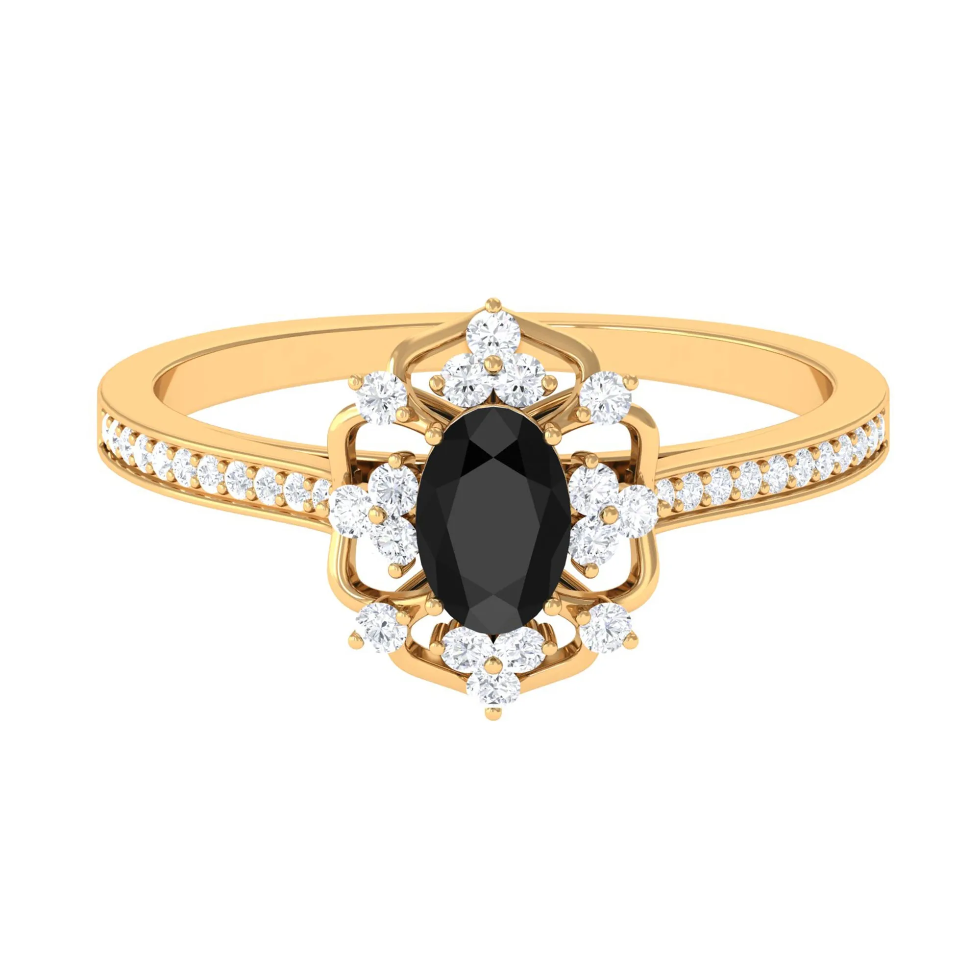 Vintage Inspired Black Onyx Floral Engagement Ring with Diamond