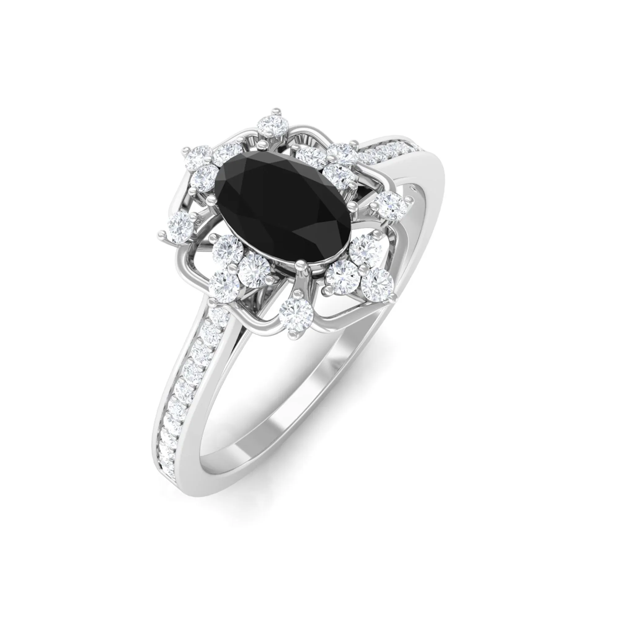 Vintage Inspired Black Onyx Floral Engagement Ring with Diamond