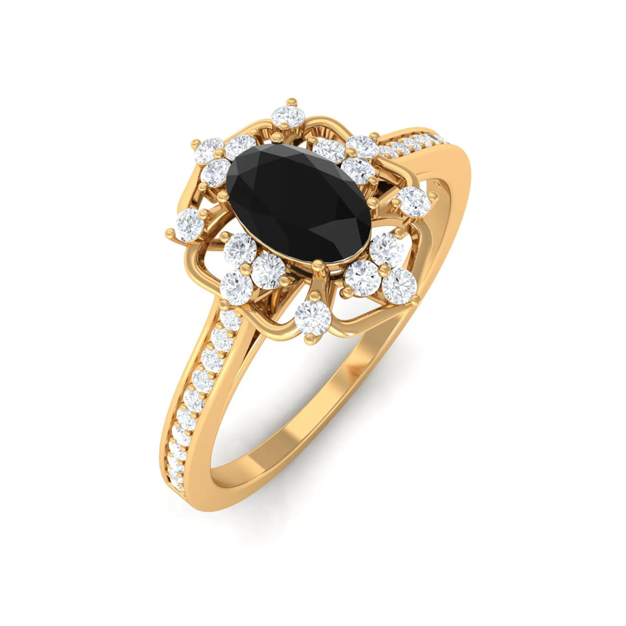 Vintage Inspired Black Onyx Floral Engagement Ring with Diamond