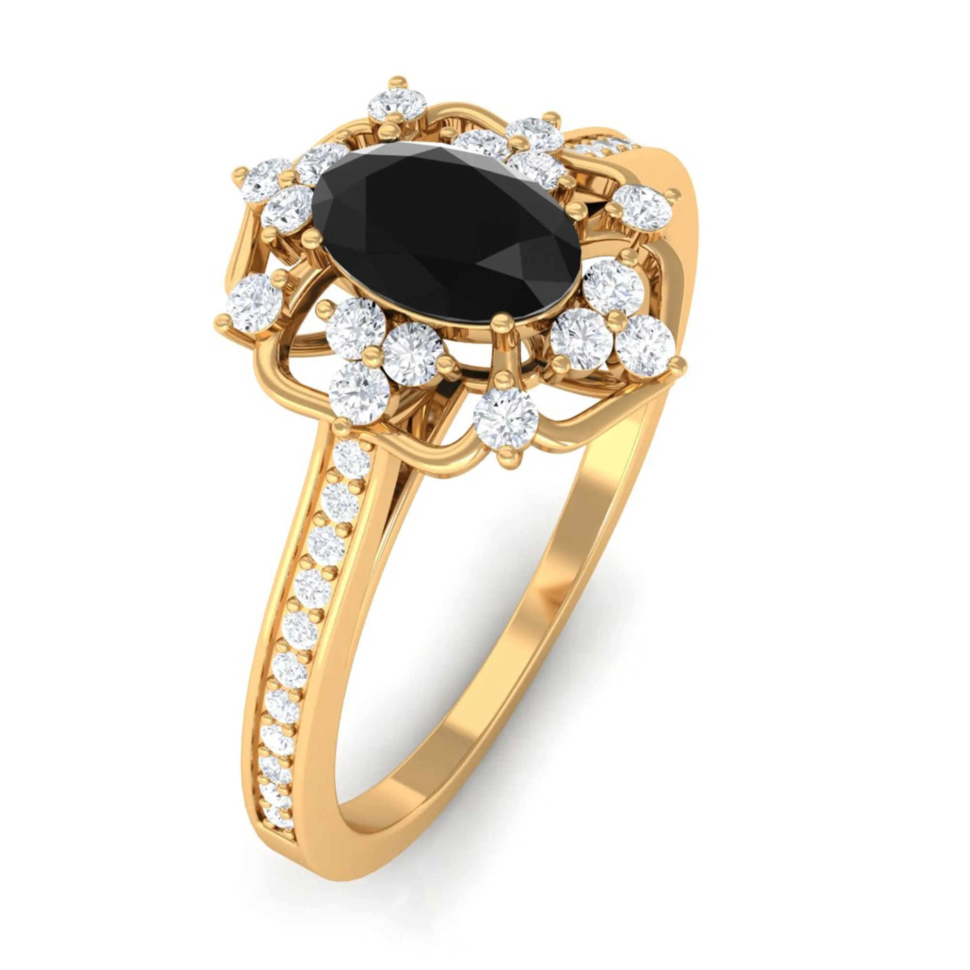 Vintage Inspired Black Spinel Floral Engagement Ring with Diamond