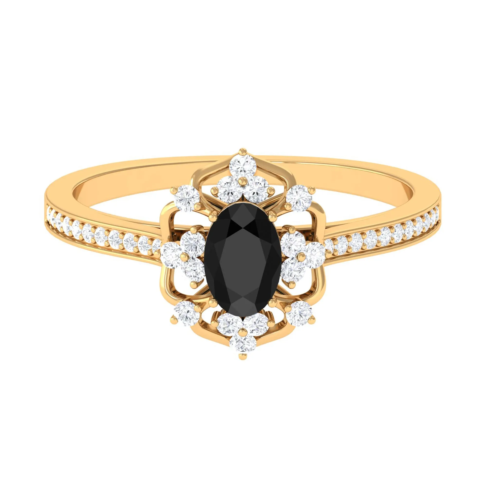 Vintage Inspired Black Spinel Floral Engagement Ring with Diamond