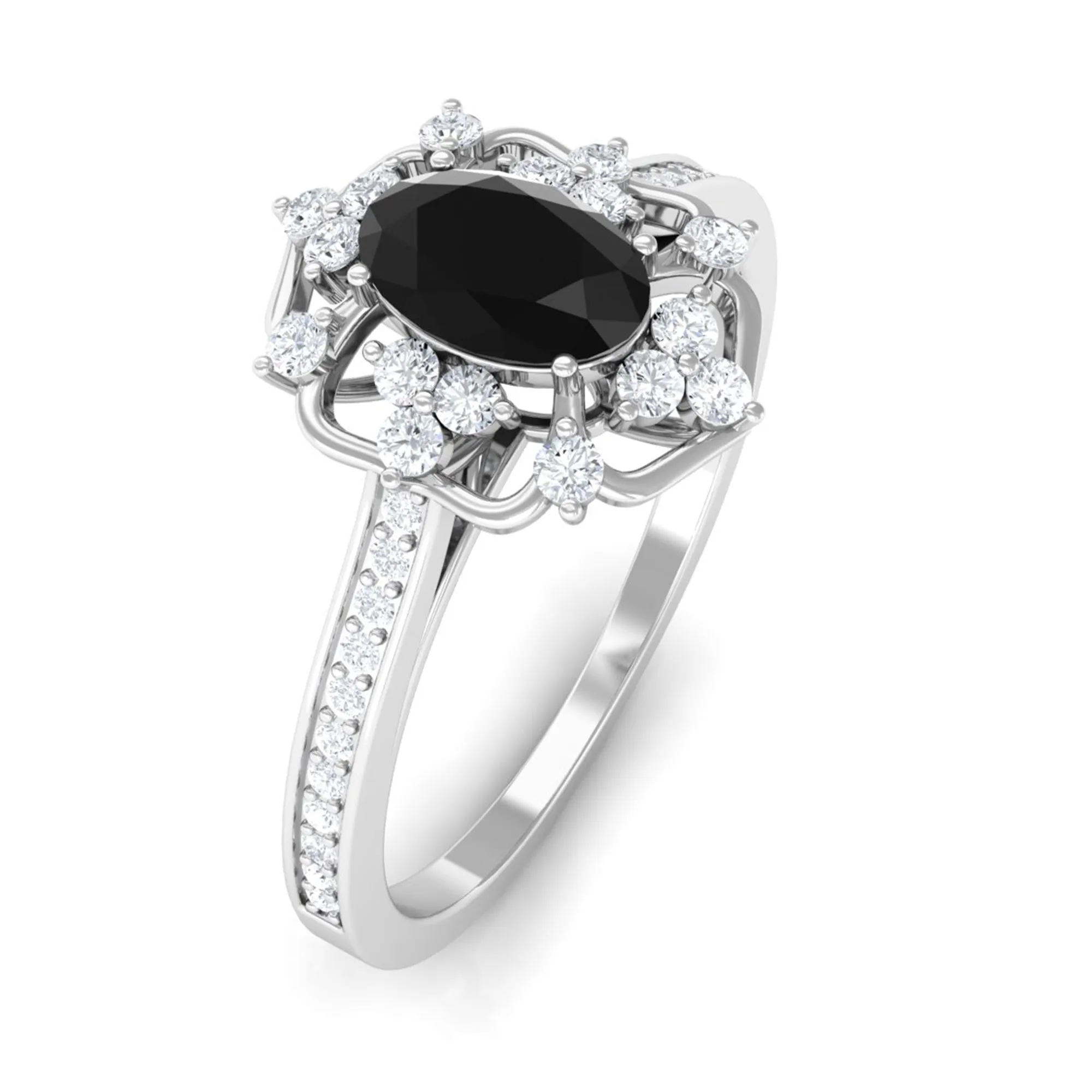 Vintage Inspired Black Spinel Floral Engagement Ring with Diamond