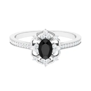 Vintage Inspired Black Spinel Floral Engagement Ring with Diamond