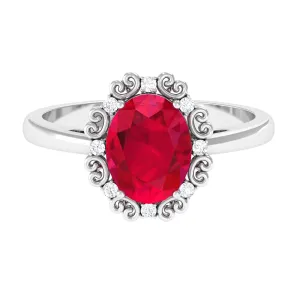 Vintage Inspired Created Ruby Engagement Ring with Diamond