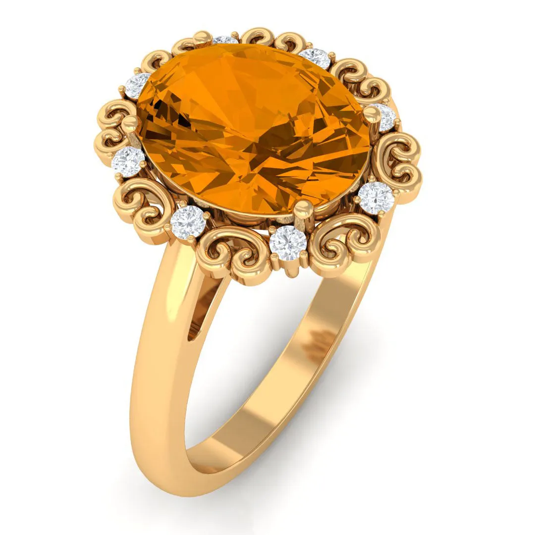 Vintage Inspired Oval Citrine Engagement Ring with Diamond